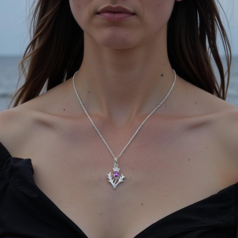Alexander Castle 925 Sterling Silver Scottish Thistle & Real Amethyst Necklace - 20mm x 16mm Pendant with 18" Silver Chain & Jewelry Gift Box - Scottish Gifts for Women - Image 3